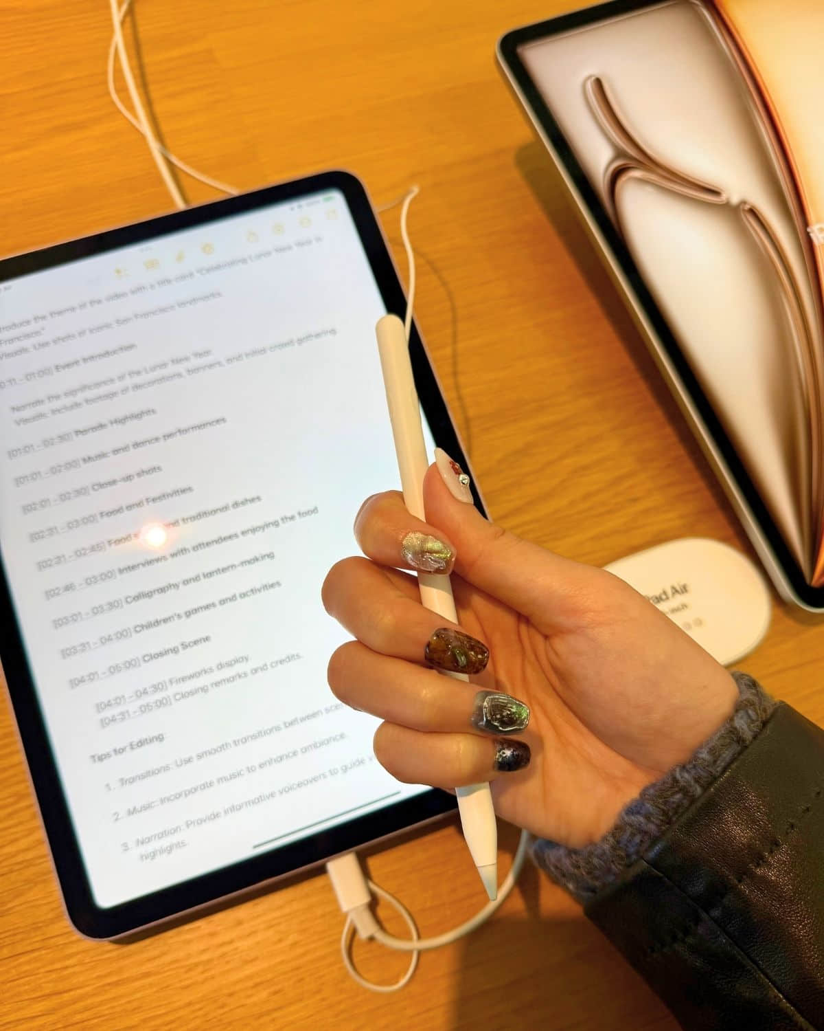 Press-on nails with modern neutral design on woman using iPad stylus at work desk.